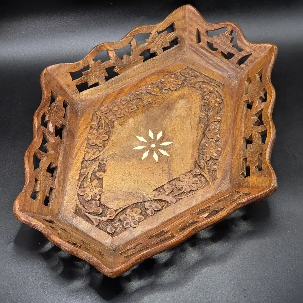Hand Carved Wooden Bowl Tray 6 Sides Floral Leaf White Inlay Open Work Border